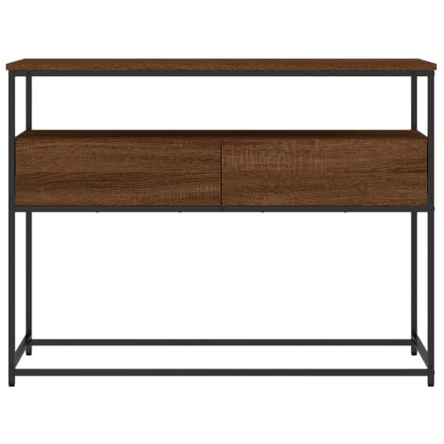 Brown Oak Narrow Console Table with 2 Drawers & Shelf J51925