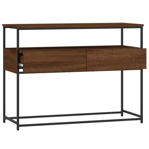 Brown Oak Narrow Console Table with 2 Drawers & Shelf J51925