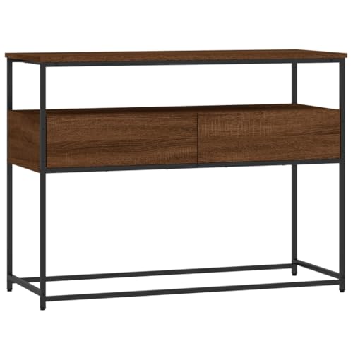 Brown Oak Narrow Console Table with 2 Drawers & Shelf J51925