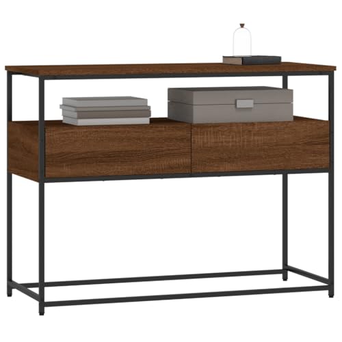 Brown Oak Narrow Console Table with 2 Drawers & Shelf J51925