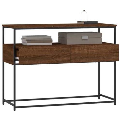Brown Oak Narrow Console Table with 2 Drawers & Shelf J51925