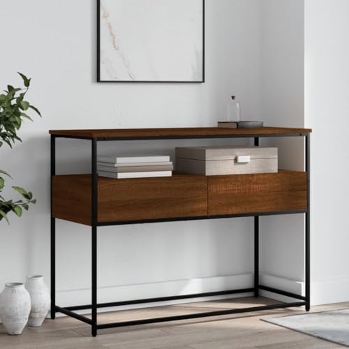 Brown Oak Narrow Console Table with 2 Drawers & Shelf J51925