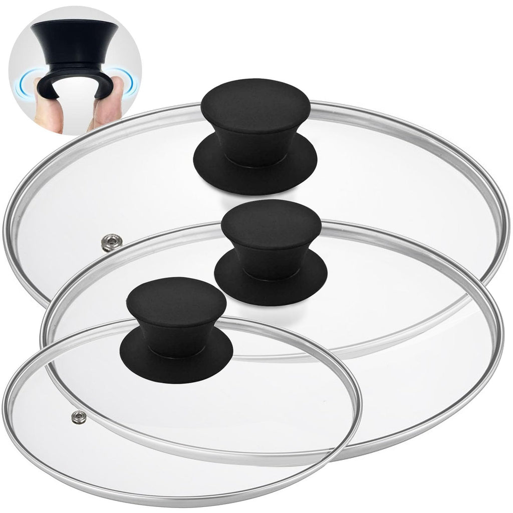 Round Tempered Glass Lid Set with Black Handle, 3 Pieces V3769