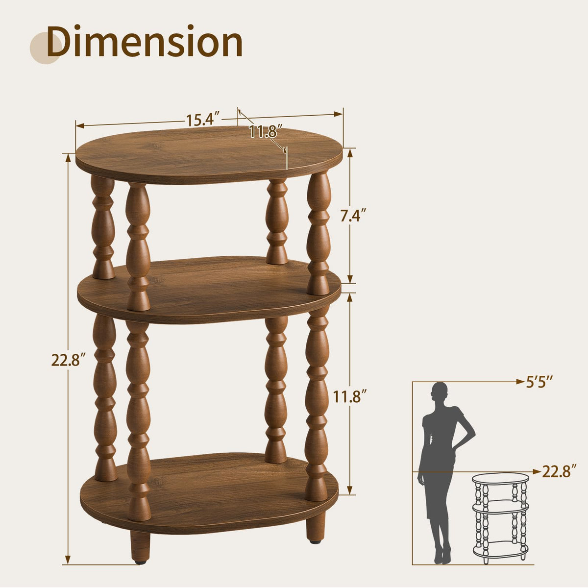 3-Tier Oval Wood Side Table with Storage Shelf B389