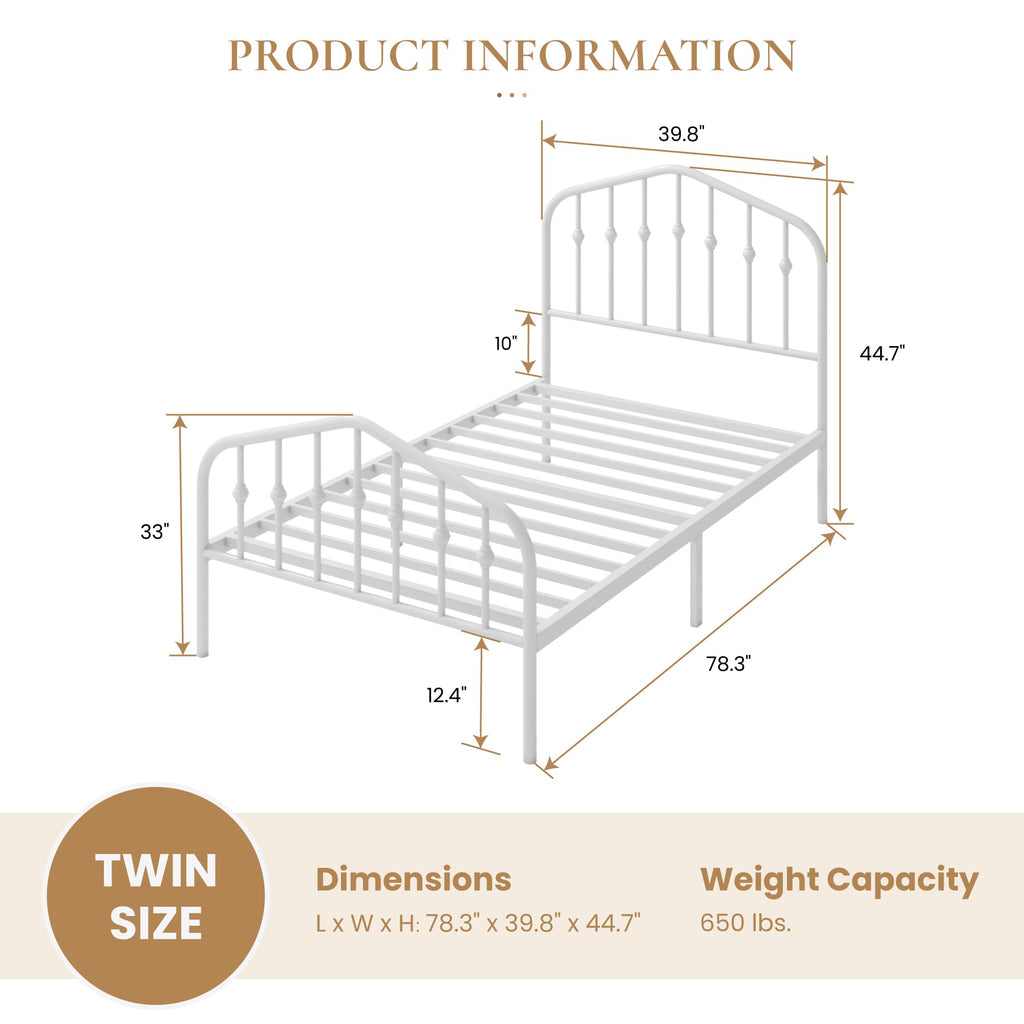 Twin Size White Metal Bed Frame with Wrought Iron-Art Headboard J160