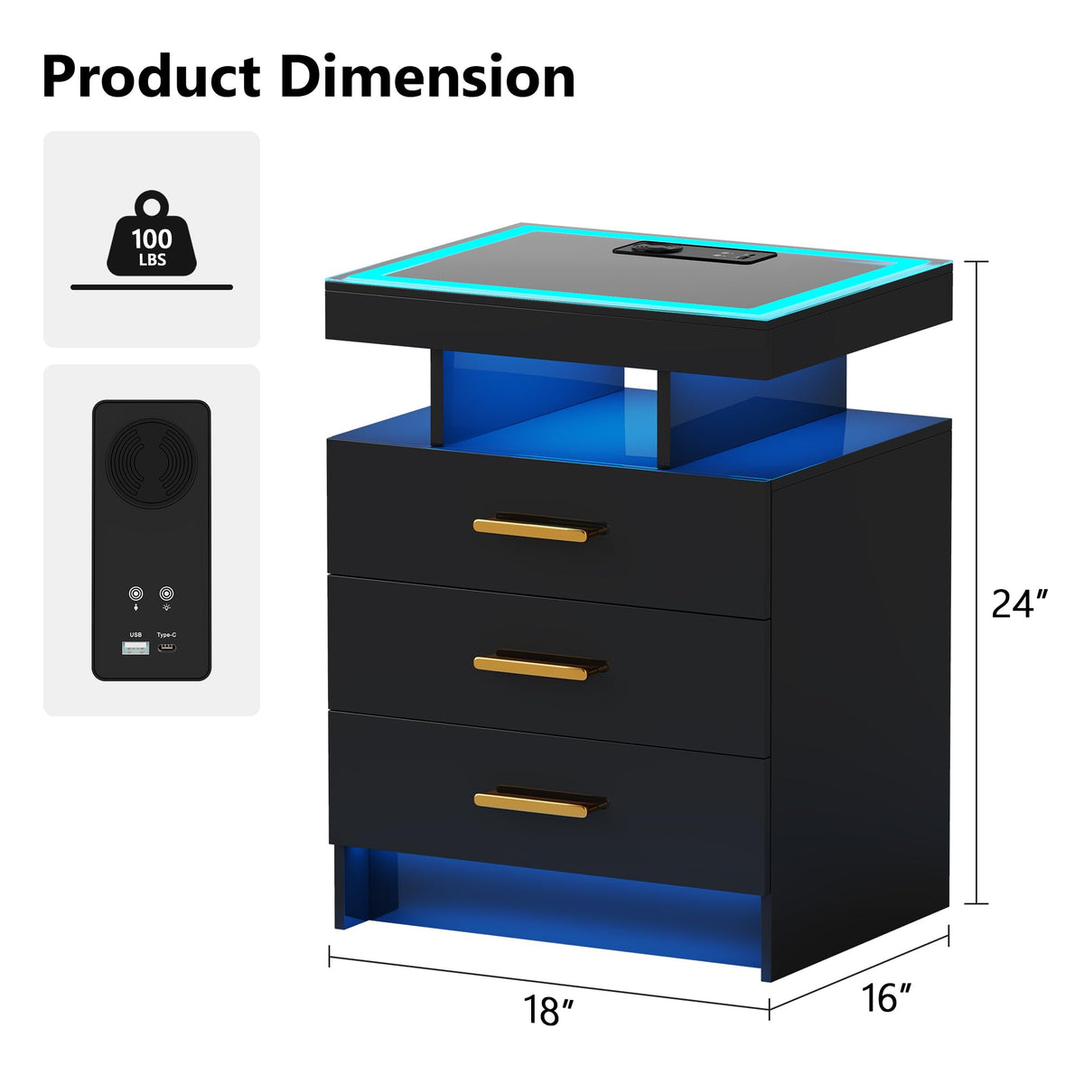 Black 3 Drawer LED Nightstand with Charging Station Z928492