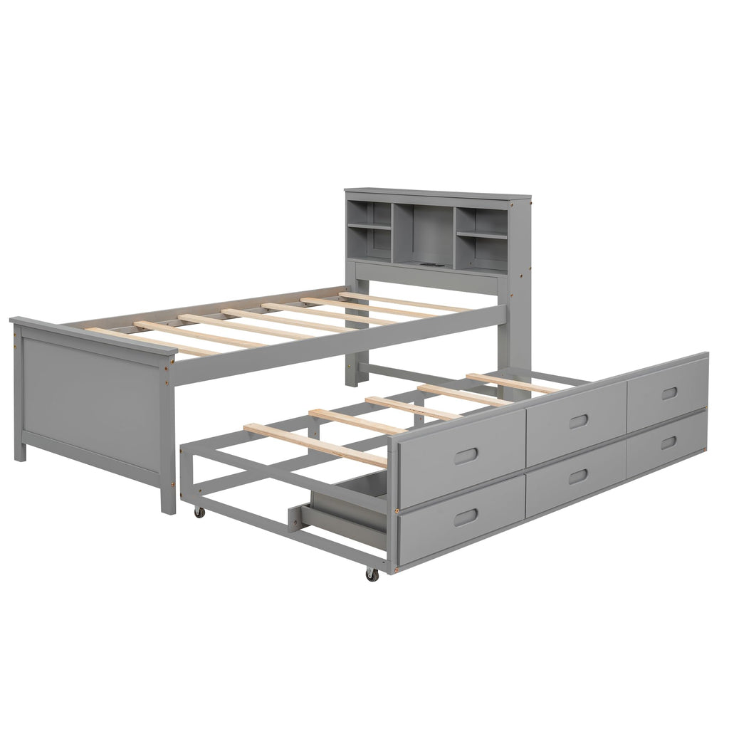 Twin Size Wood Platform Bed with Trundle and 3 Drawers D332550