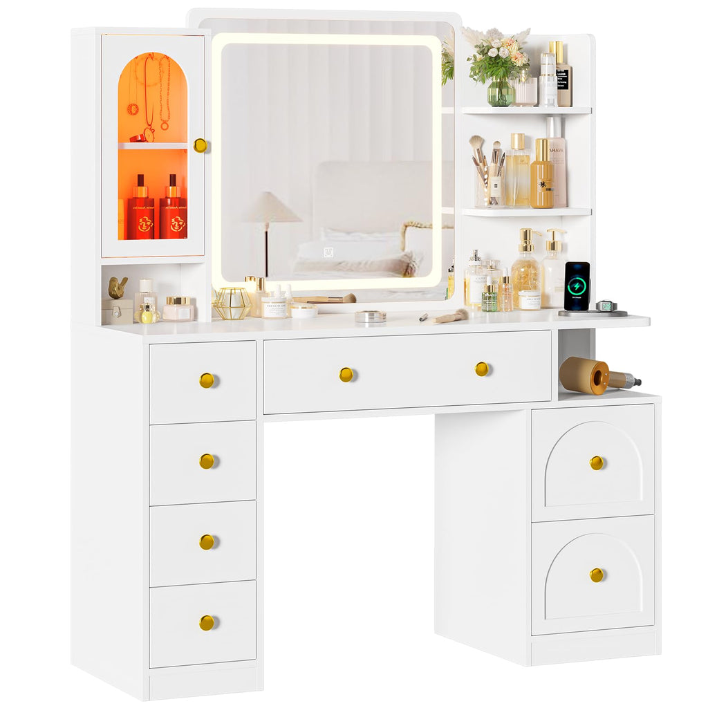 White Vanity Desk with Mirror and LED Lights F840