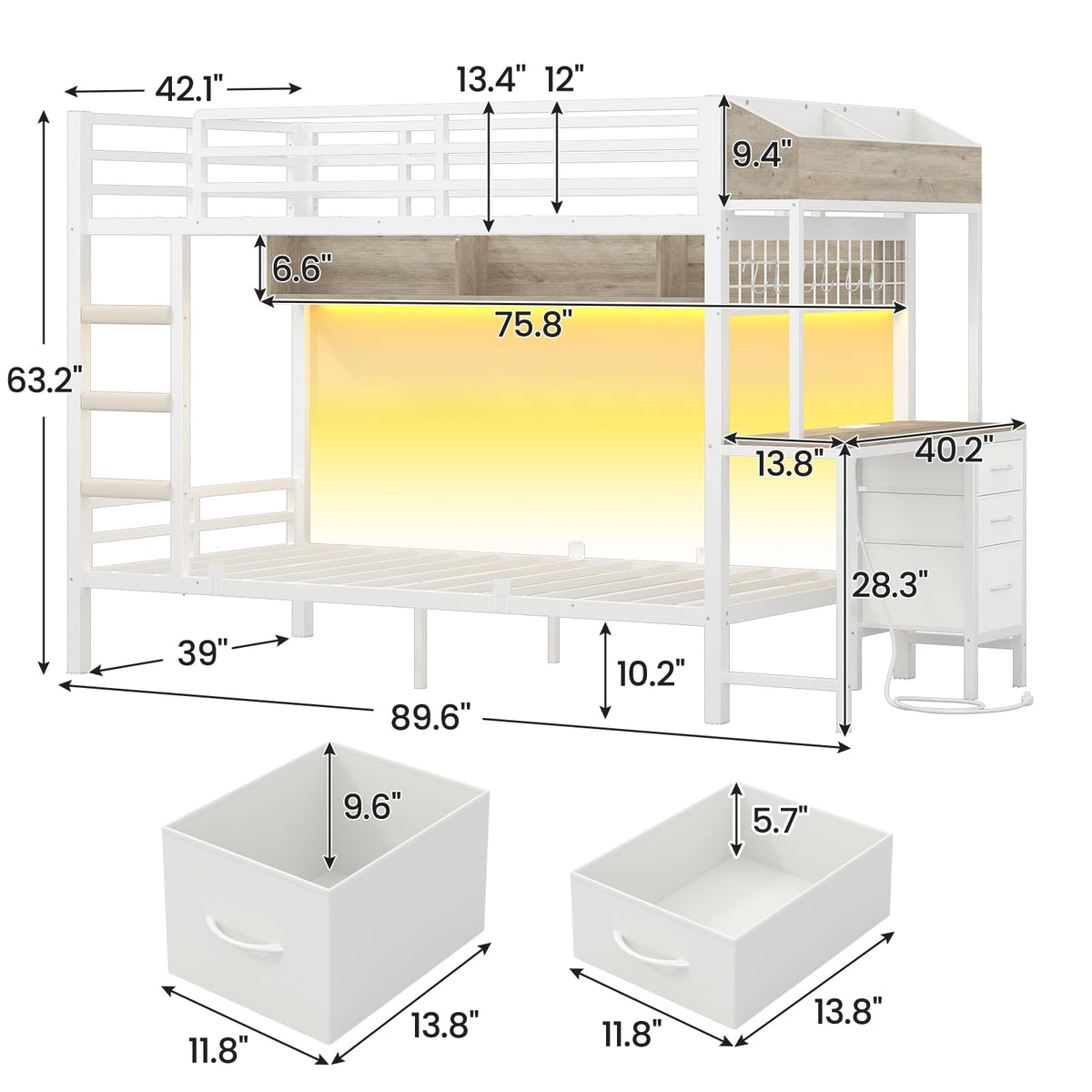 White Twin Over Twin Metal Bunk Bed with Desk and 3 Storage Drawers I130