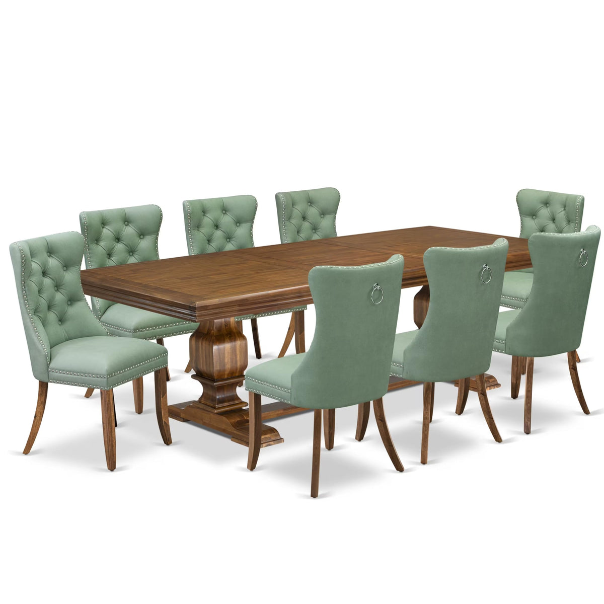 9 Piece Mid-century Dining Table Set with 8 Willow Green Polyester Chairs H9261