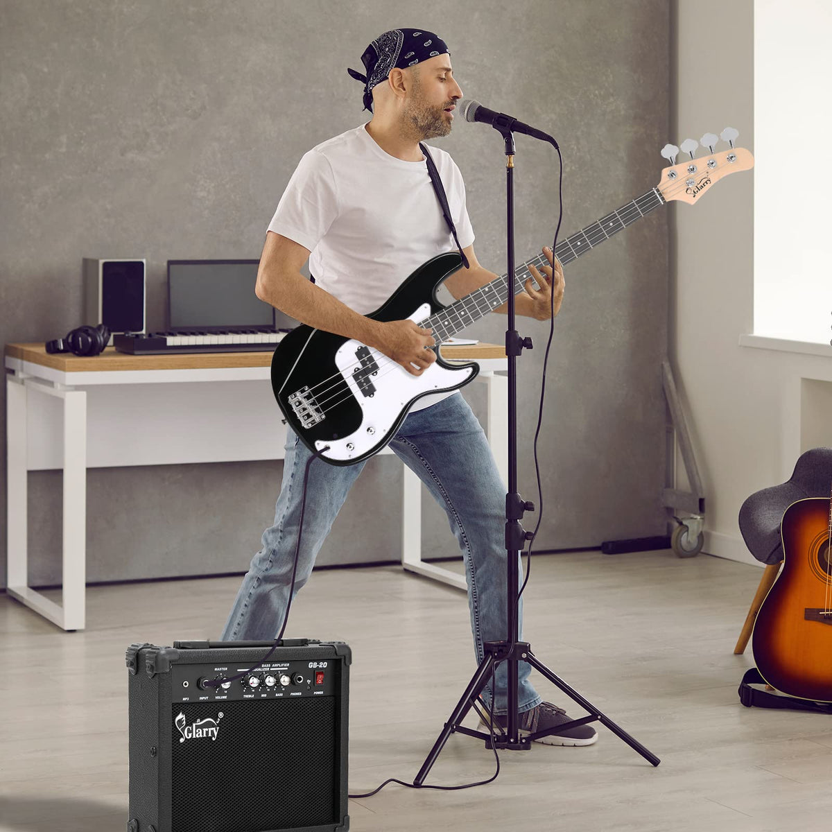 Full Size 4 String Basswood Electric Bass Guitar Beginner Kit with 20W Amp V659