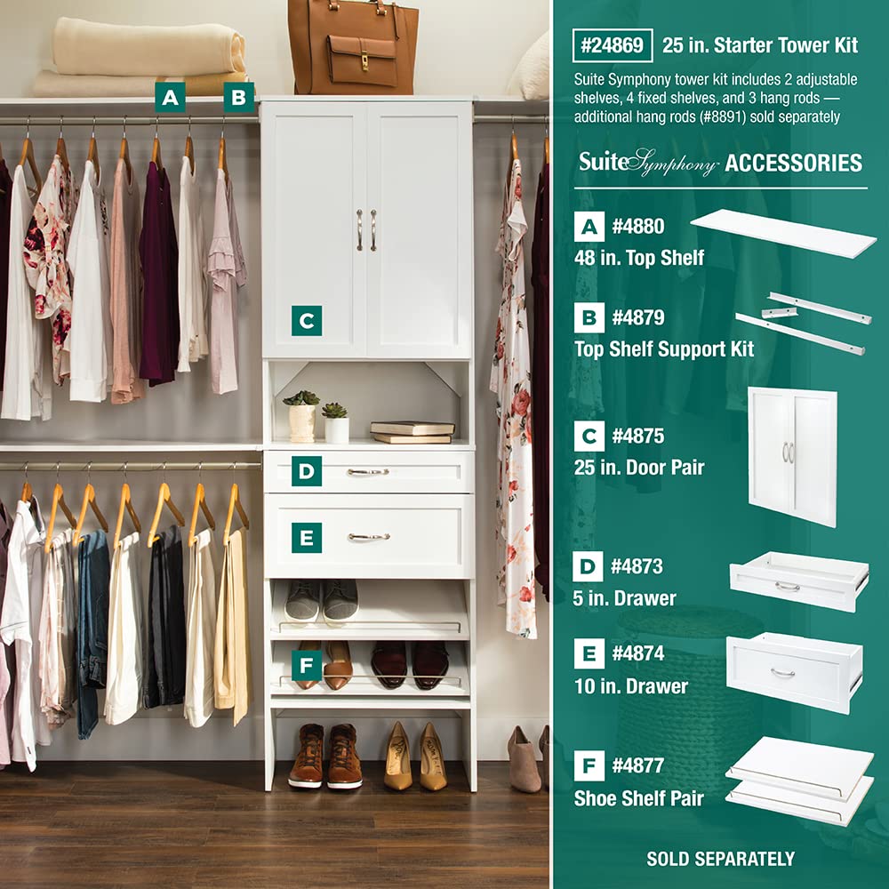 Wood Closet Organizer System with Tower and 3 Hang Rods and Shelving L9096