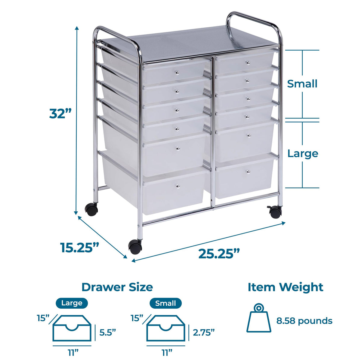 Rolling Craft Storage Cart, Clear, 12-Drawer H49824