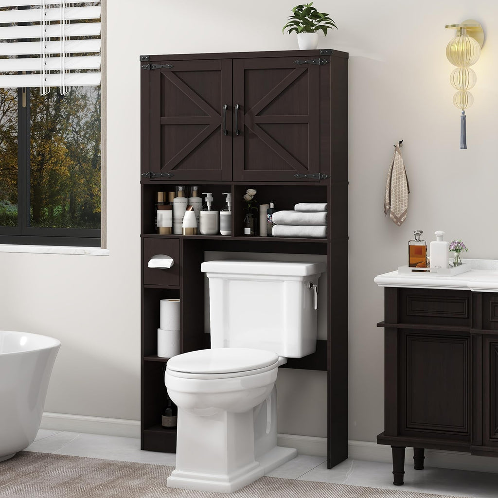Over The Toilet Storage Cabinet with 2 Barn Doors, Walnut M29690