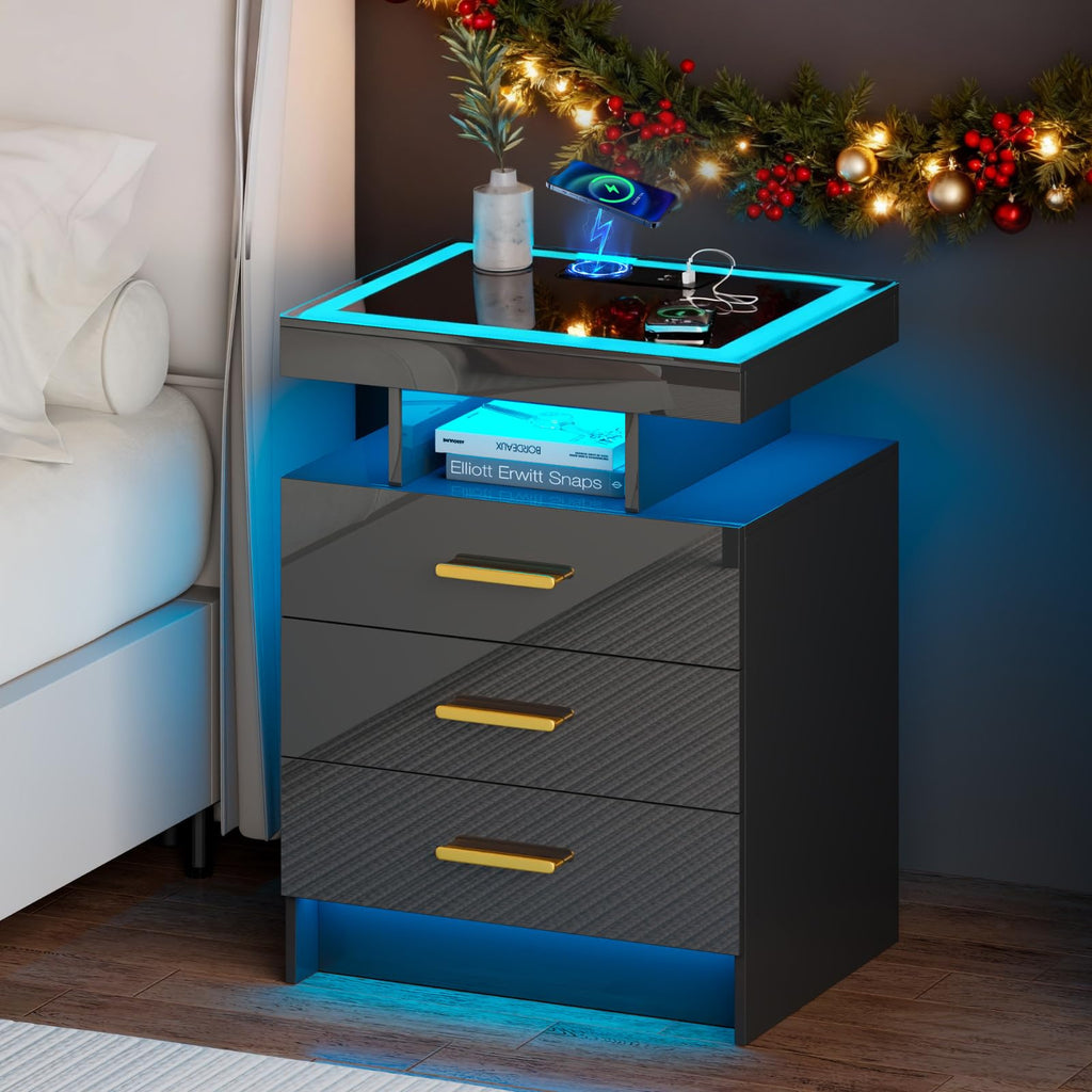 Black 3 Drawer LED Nightstand with Charging Station Z928492