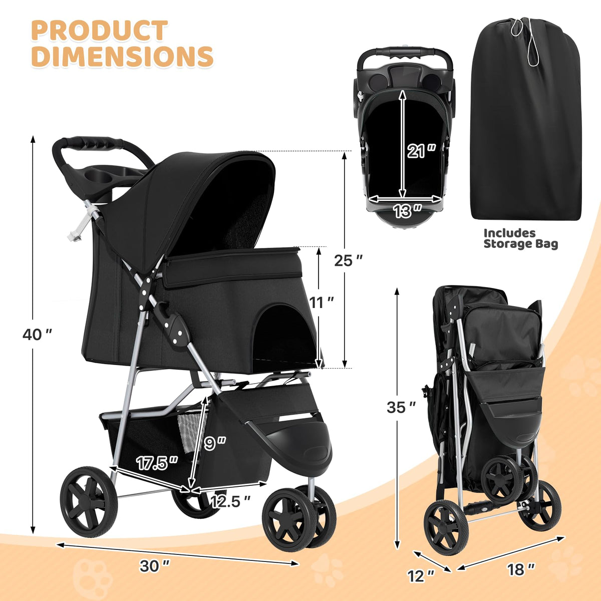 3-Wheel Pet Stroller for Small/Medium Dog Cat, Up to 33lbs, Black G3580