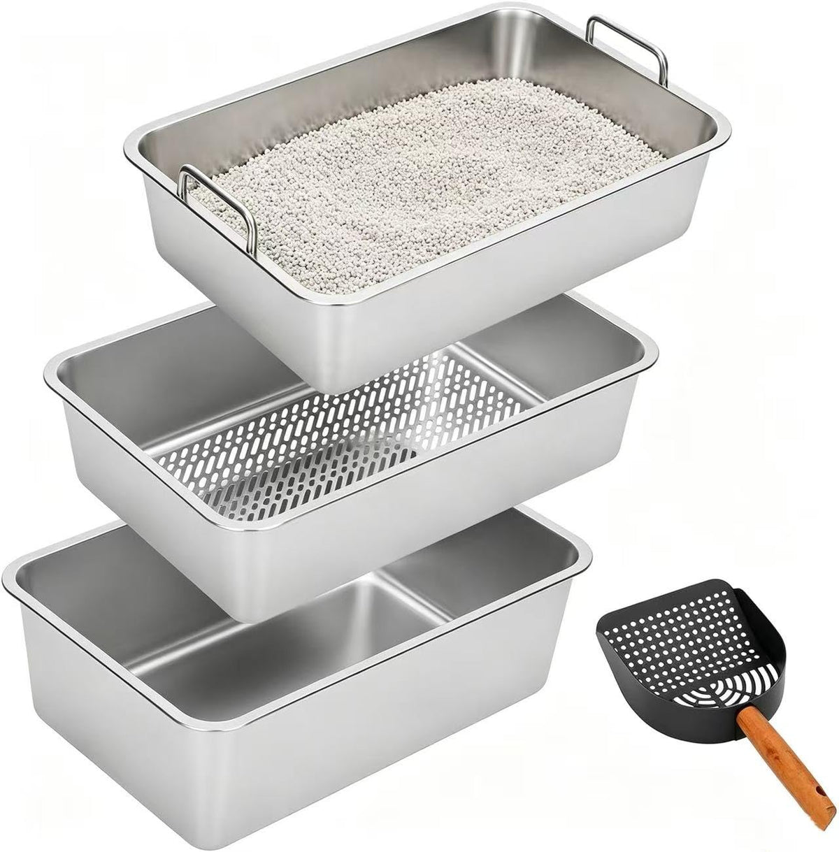 Extra Large Stainless Steel Sifting Cat Litter Box with Dual Handles Y897119