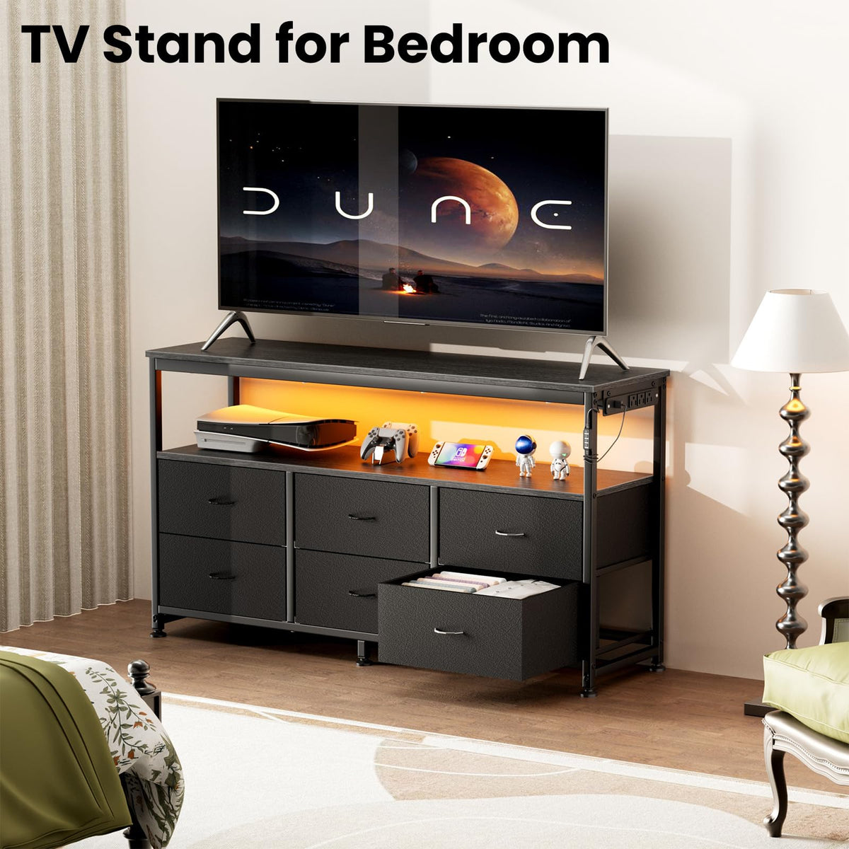 Black Dresser TV Stand with 6 Fabric Drawers Y592689