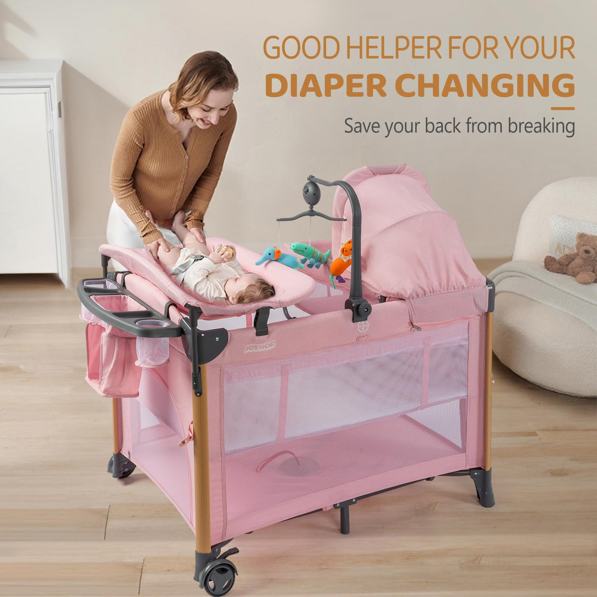 7 in 1 Pink Bedside Bassinet with Changing Table S78728