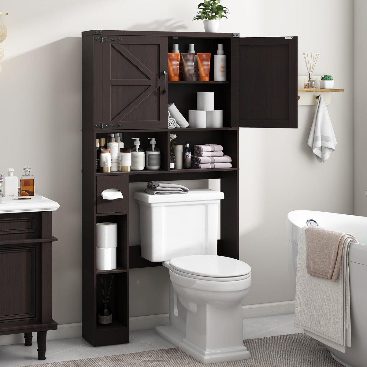 Over The Toilet Storage Cabinet with 2 Barn Doors, Walnut M29690