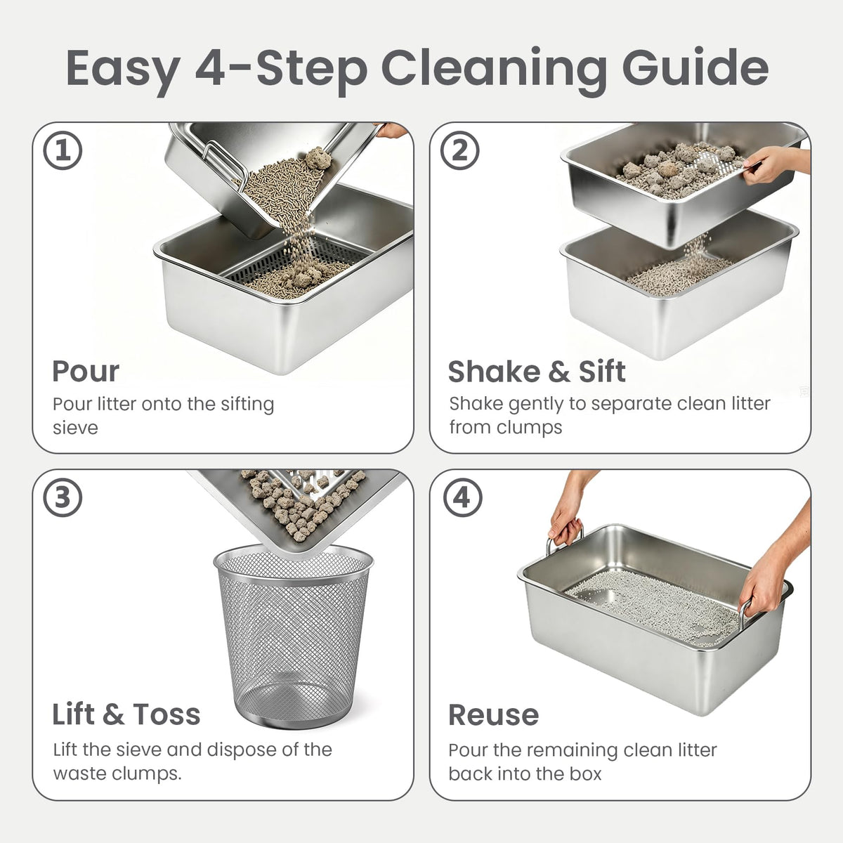 Extra Large Stainless Steel Sifting Cat Litter Box with Dual Handles Y897119