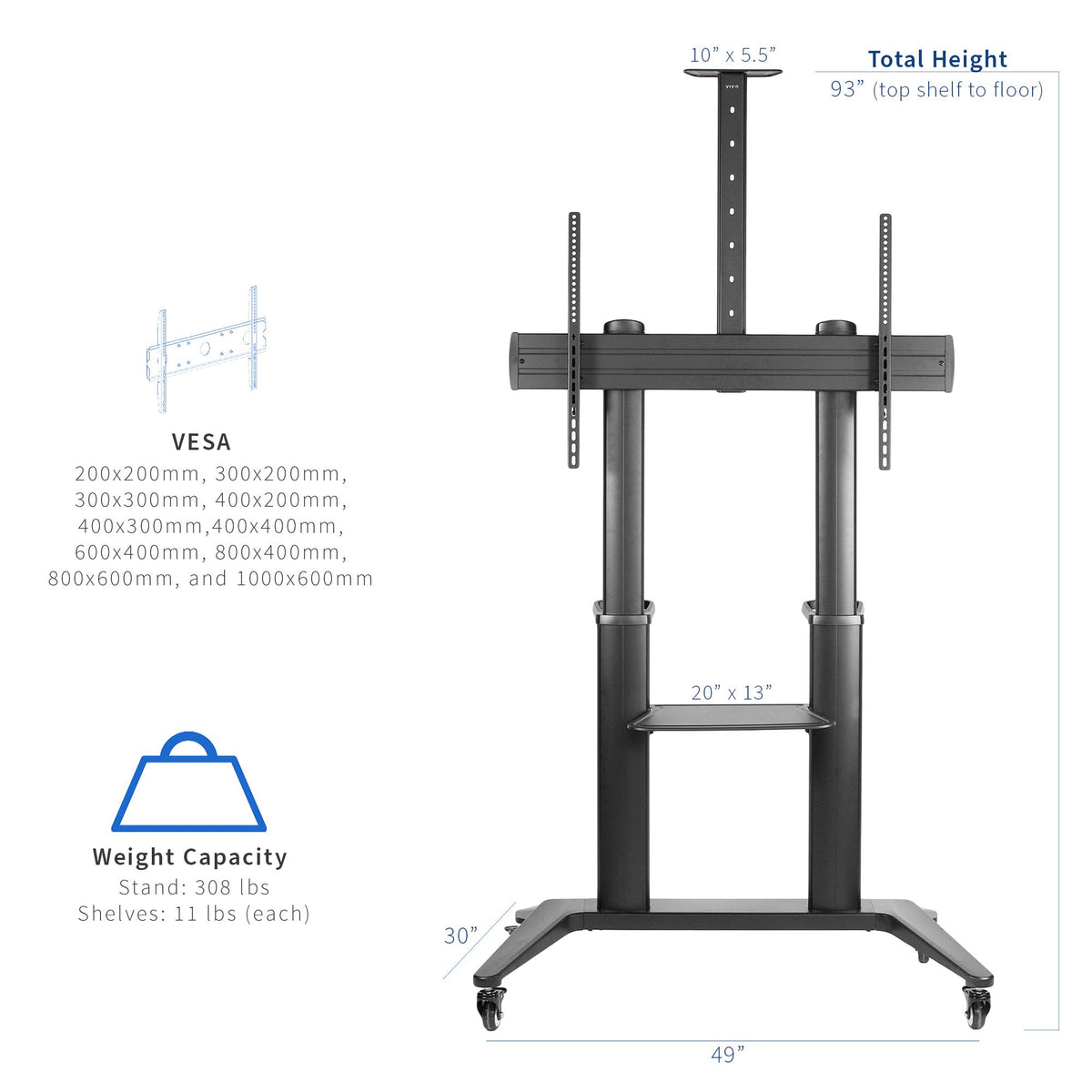 Aluminum Mobile TV Cart for 32 to 120 inch Screens up to 308 lbs, Black I243748