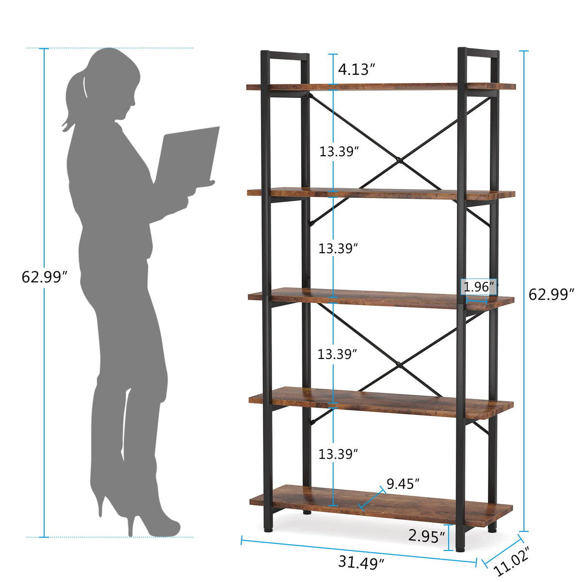 5 Tier Industrial Bookshelf with Metal Frame M7212