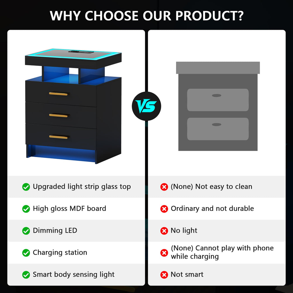 Black 3 Drawer LED Nightstand with Charging Station Z928492