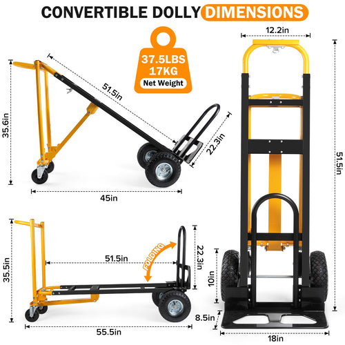 3 in 1 Convertible Hand Truck Dolly Cart with 10" Pneumatic Wheels, 1000LBS Capacity L7799
