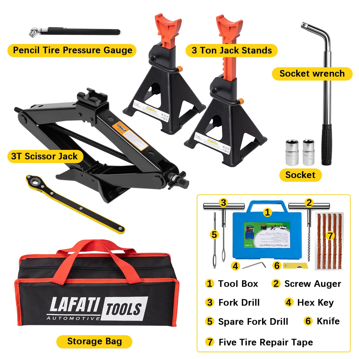 3 Ton Scissor Jack and Jack Stands Kit with Lug Wrench T586