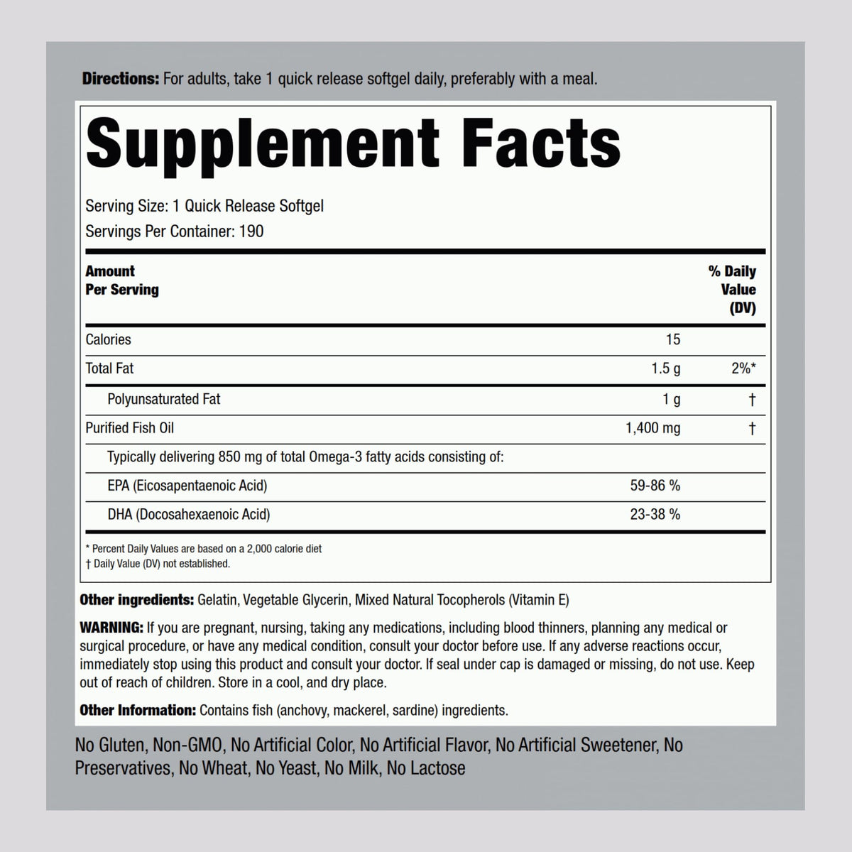 Fish Oil Omega 3 1400 mg 190 Softgels F6763