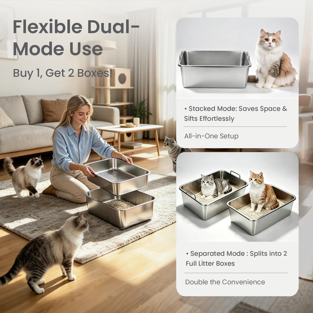 Extra Large Stainless Steel Sifting Cat Litter Box with Dual Handles Y897119