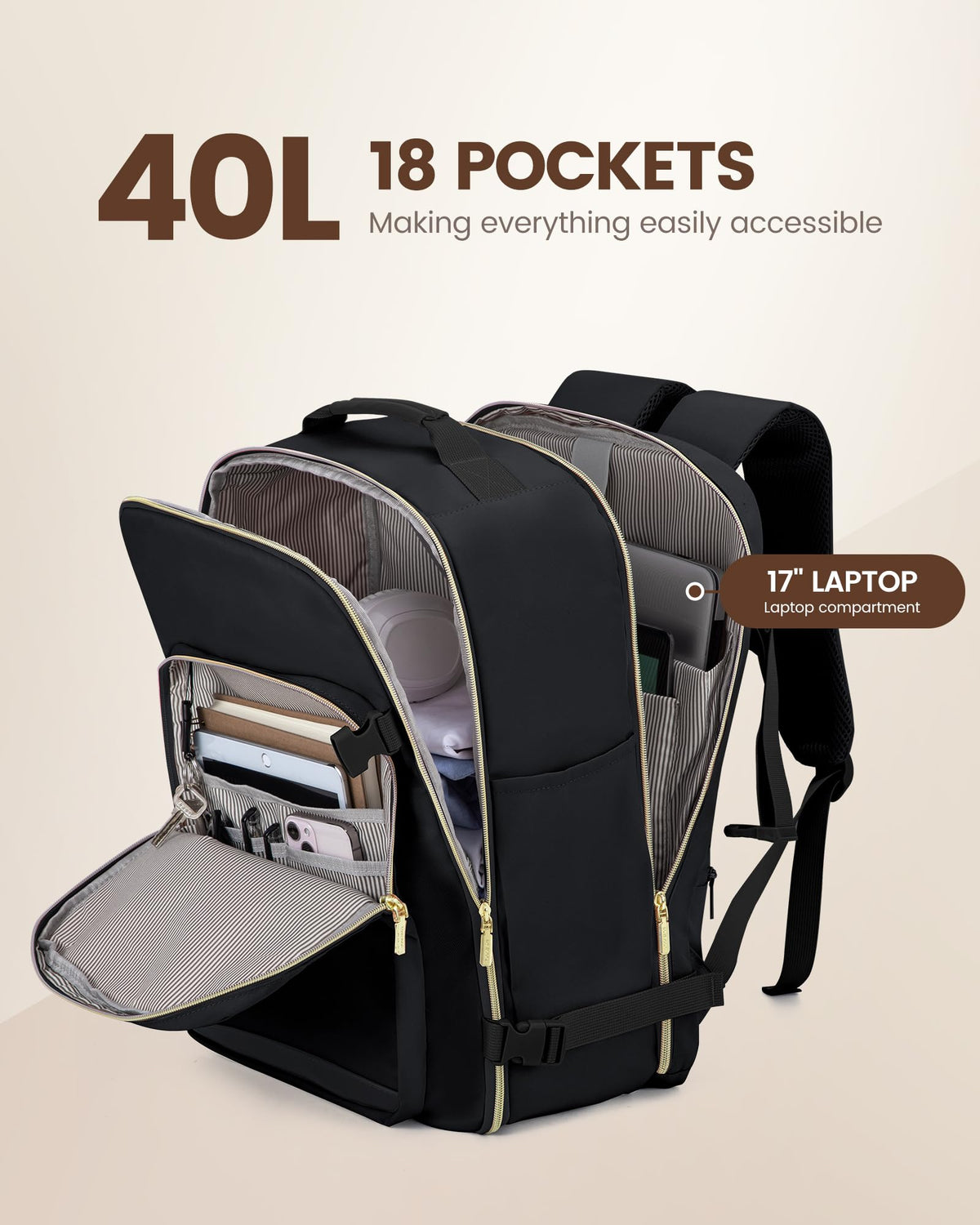 40L Waterproof Travel Backpack with 3 Packing Cubes, fits 17" Laptop R7847
