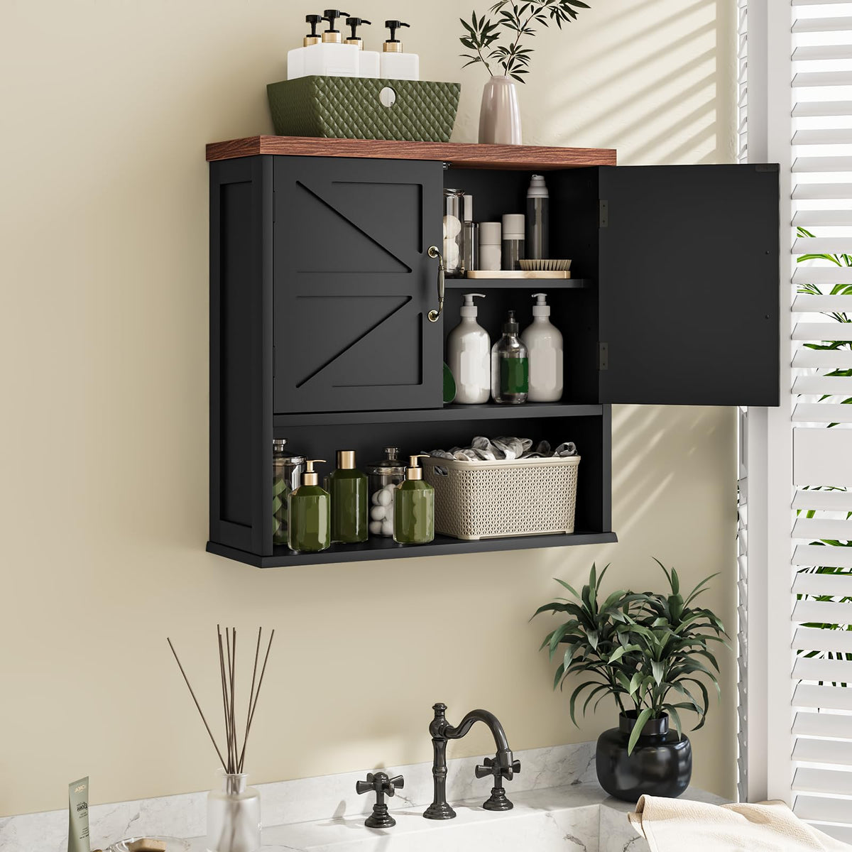 Black Wall Mounted Bathroom Cabinet with Adjustable Shelf S973