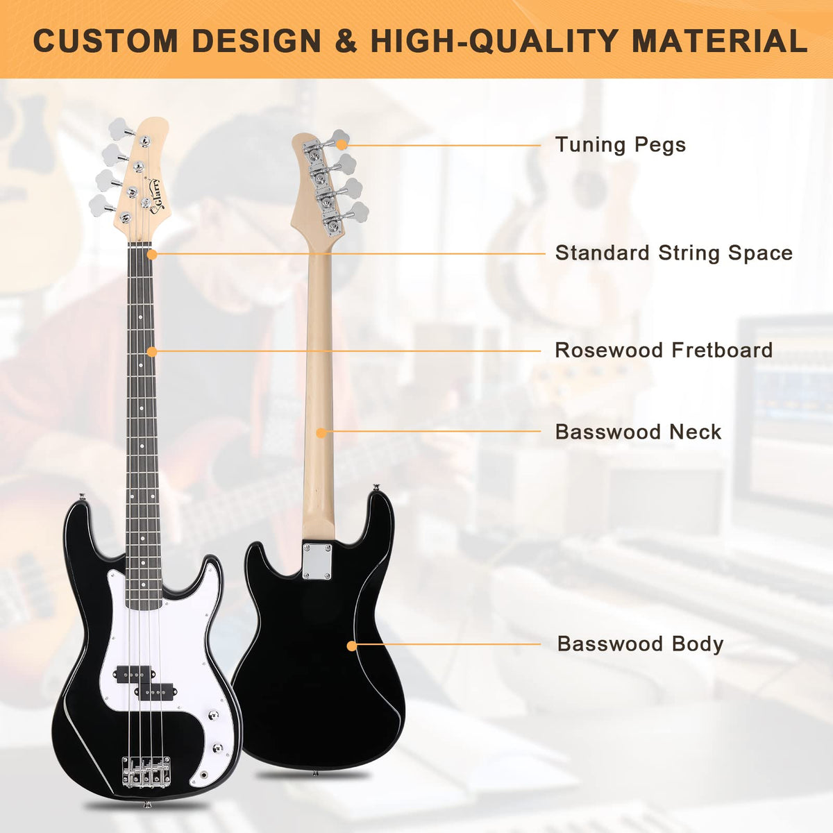 Full Size 4 String Basswood Electric Bass Guitar Beginner Kit with 20W Amp V659