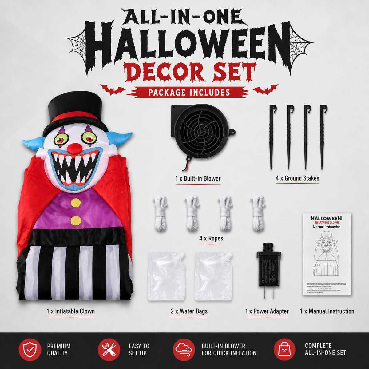 11FT Giant Halloween Inflatables Clown Ghost with LED Lights I7155