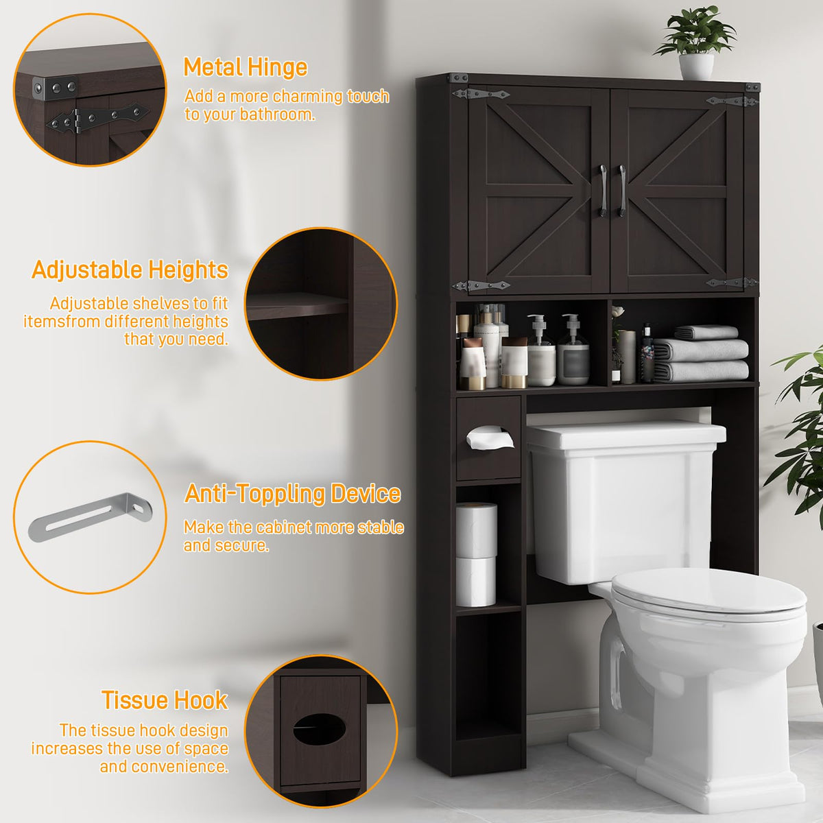 Over The Toilet Storage Cabinet with 2 Barn Doors, Walnut M29690