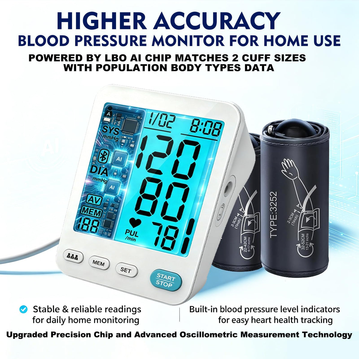 Automatic Upper Arm Blood Pressure Monitor Adjustable Cuffs Large LCD Digital Display V209