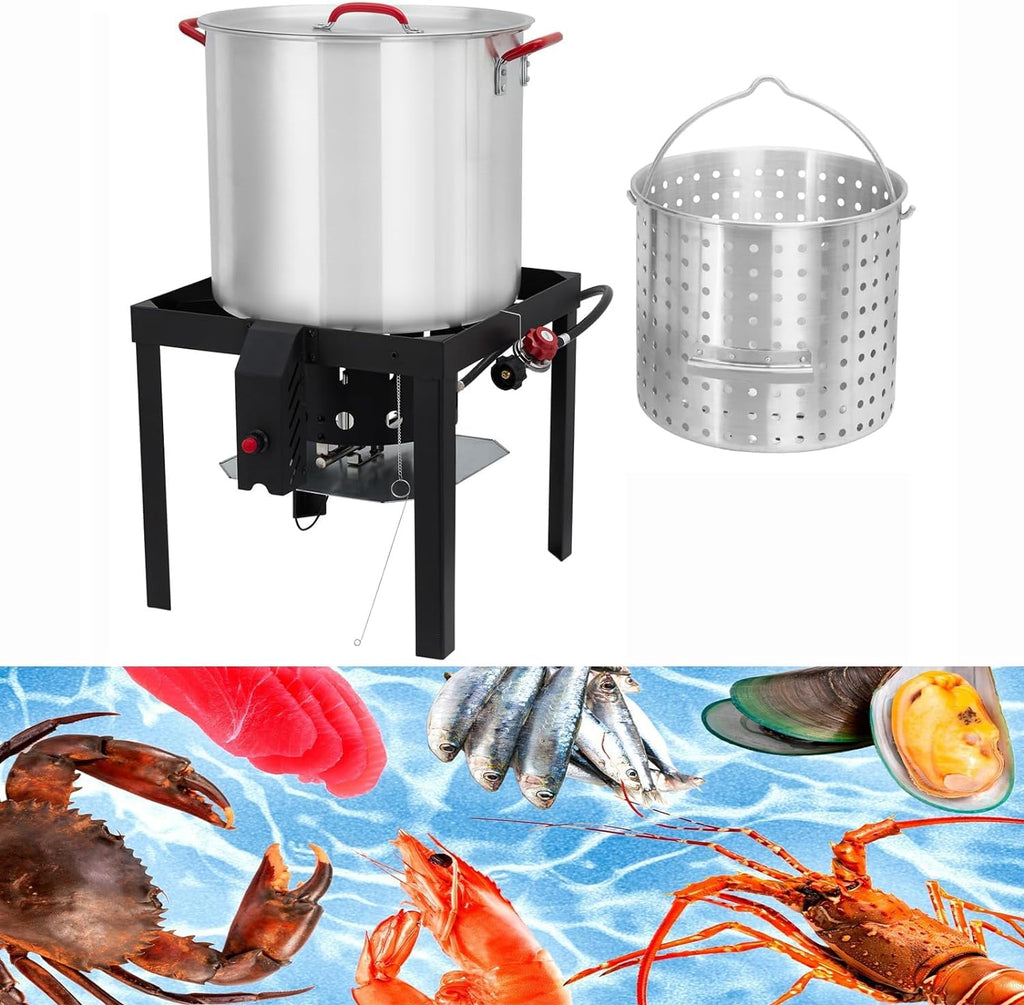 60 Qt Aluminum Seafood Boil Pot with Basket & Burner I144423