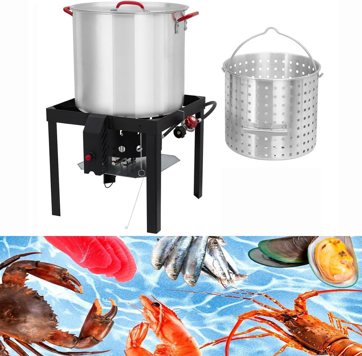 60 Qt Aluminum Seafood Boil Pot with Basket & Burner I144423