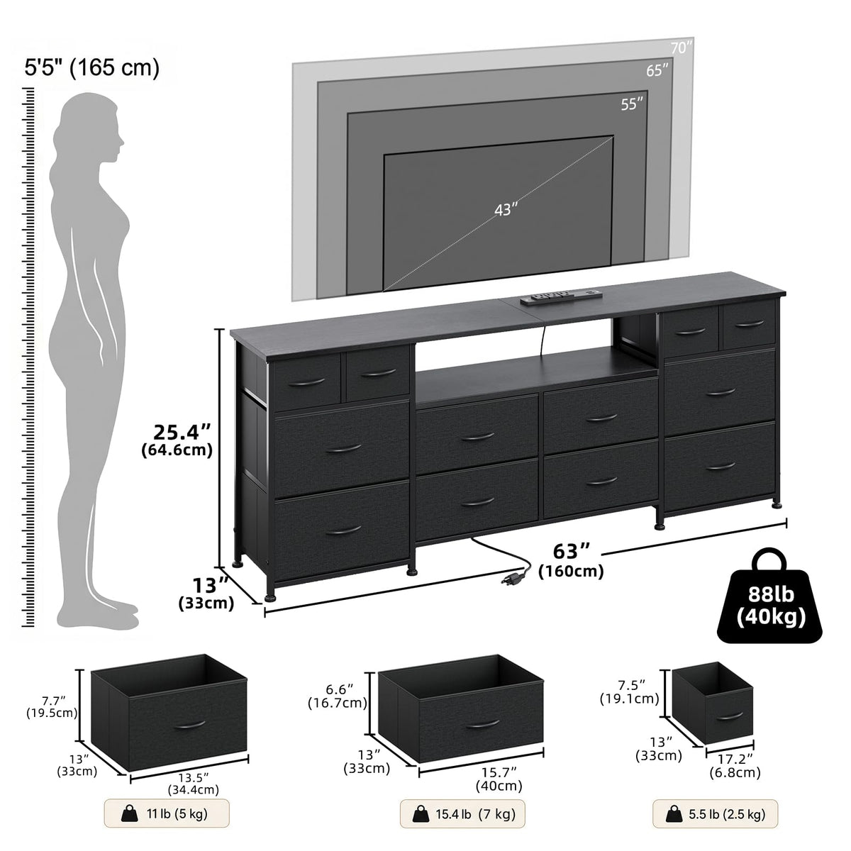 63 Inch 12 Drawer Black Dresser N1941