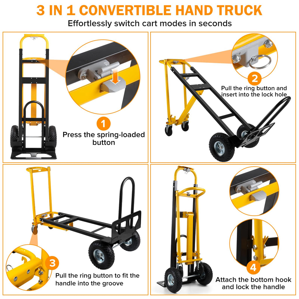 3 in 1 Convertible Hand Truck Dolly Cart with 10" Pneumatic Wheels, 1000LBS Capacity L7799