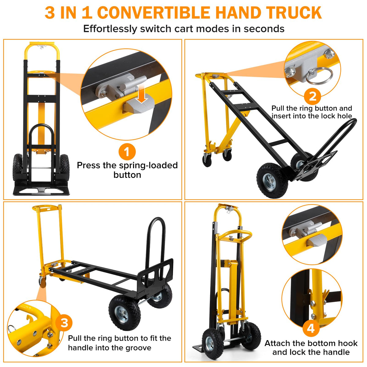 3 in 1 Convertible Hand Truck Dolly Cart with 10" Pneumatic Wheels, 1000LBS Capacity L7799
