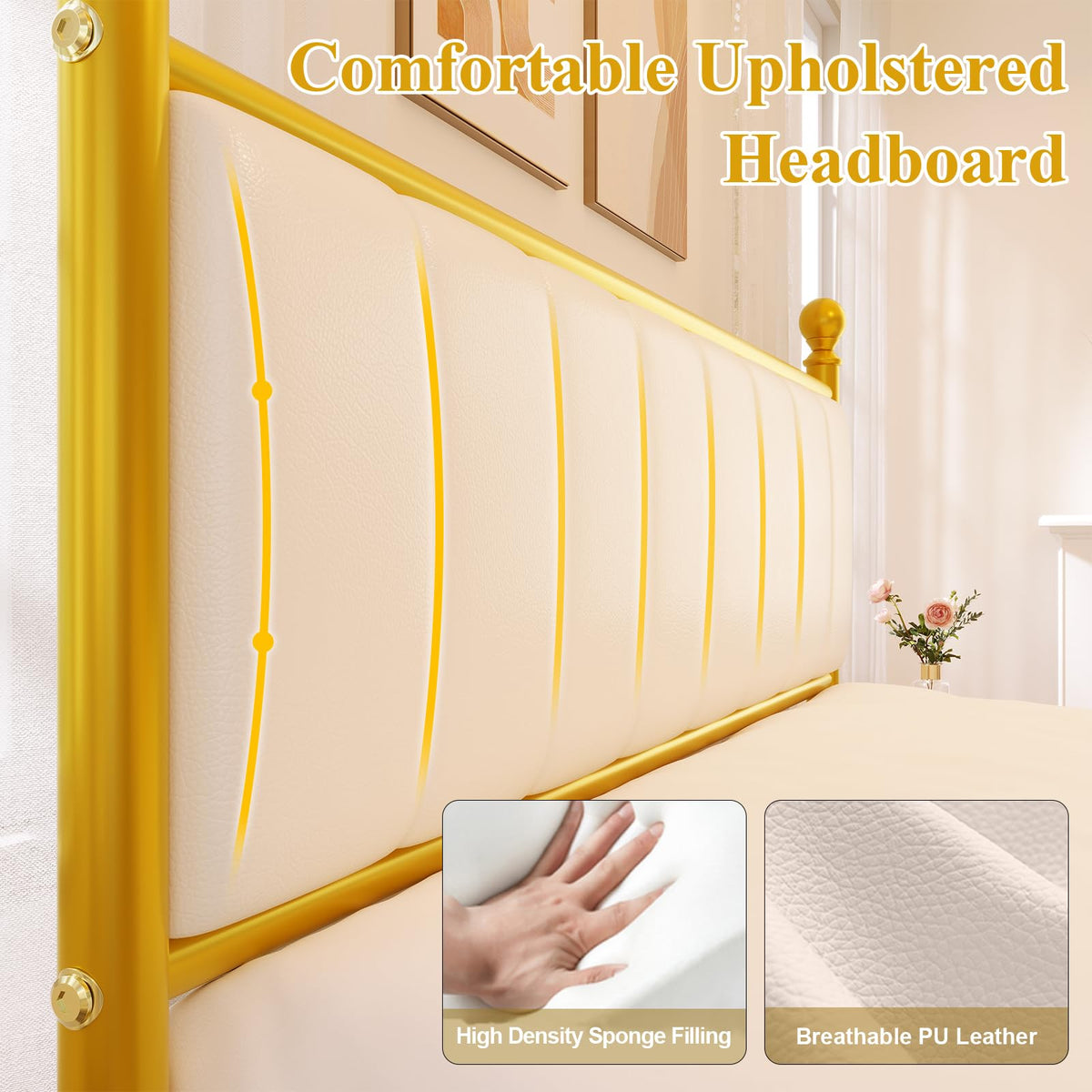 Gold Full Size Bed Frame with Headboard and Under Bed Storage V283618