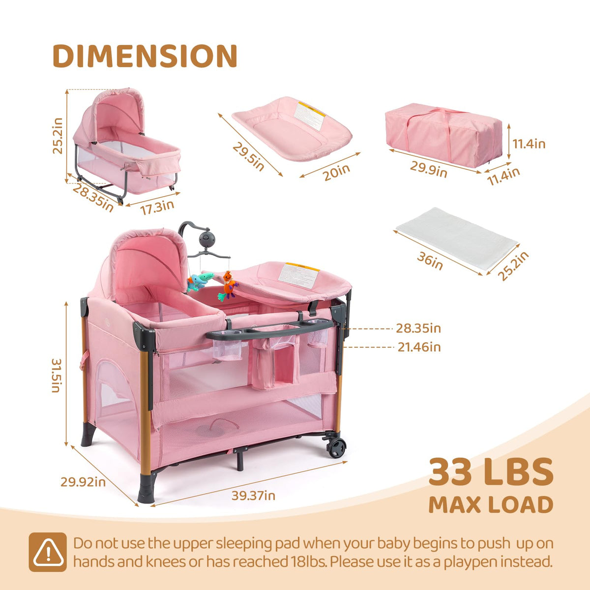 7 in 1 Pink Bedside Bassinet with Changing Table S78728