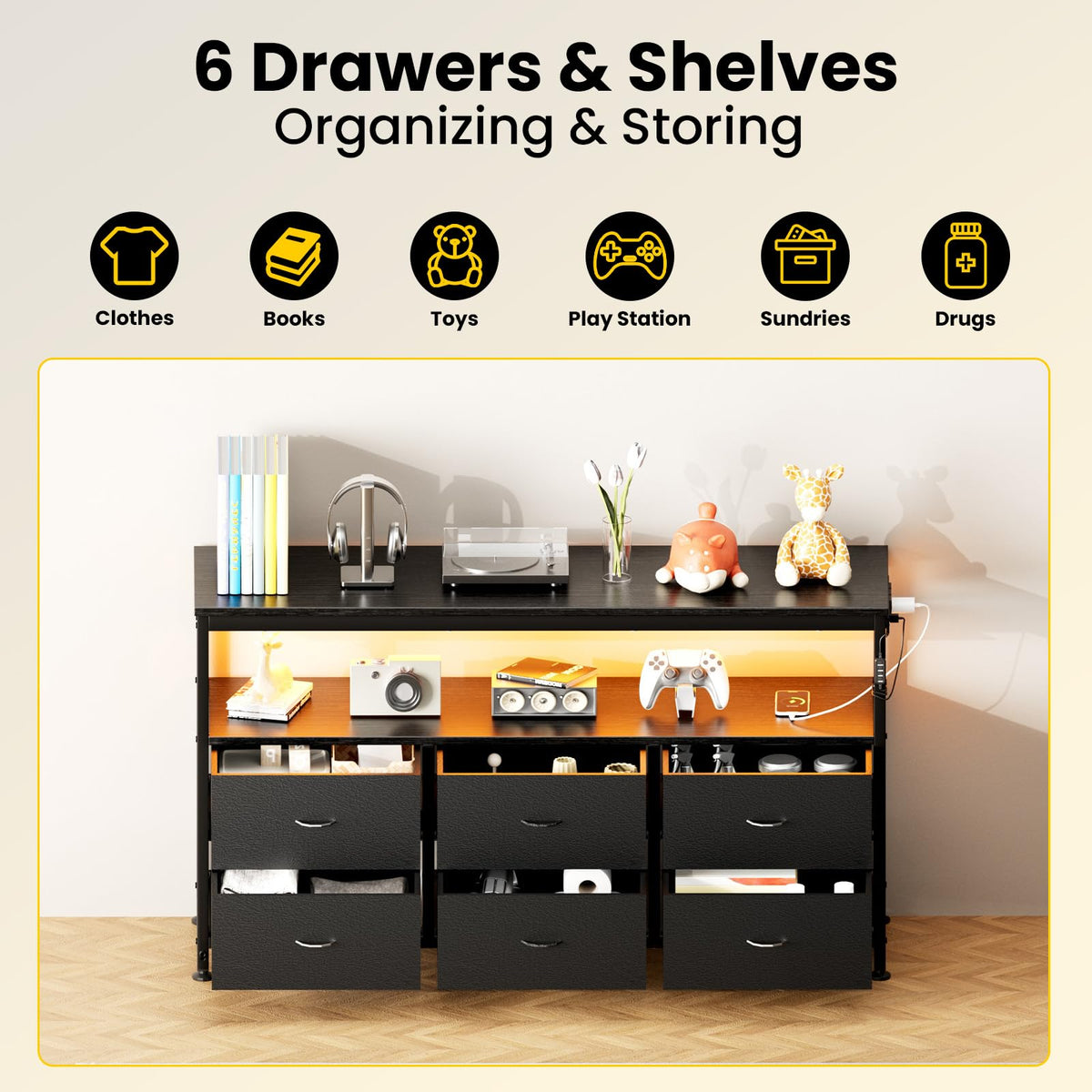 Black Dresser TV Stand with 6 Fabric Drawers Y592689