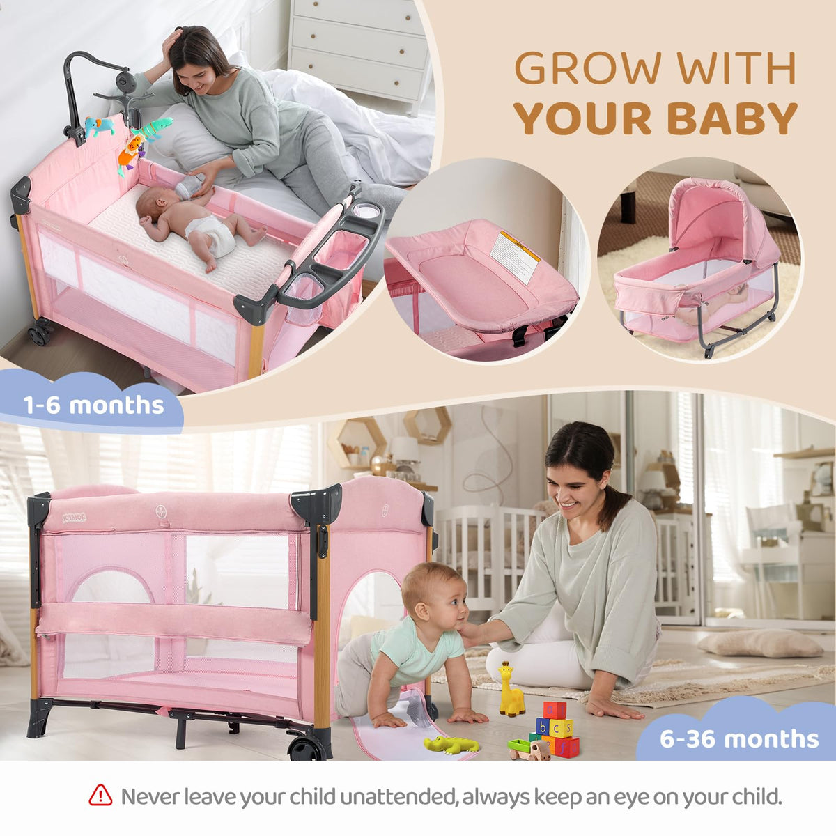 7 in 1 Pink Bedside Bassinet with Changing Table S78728