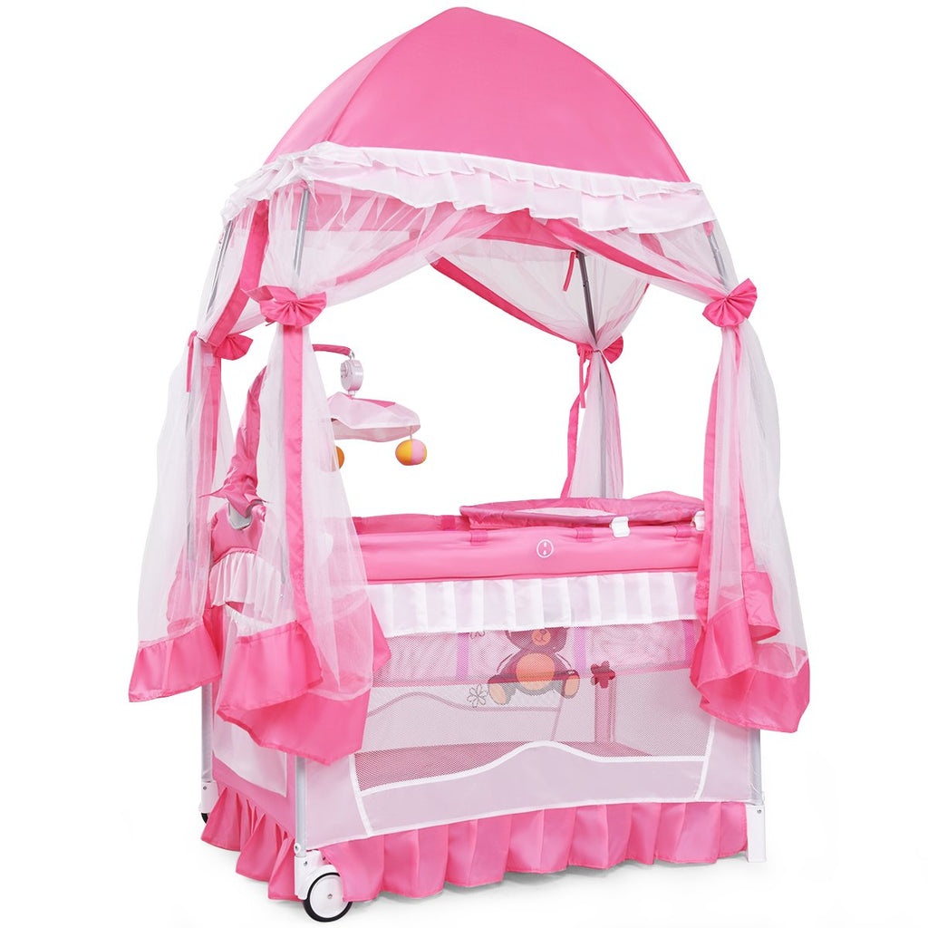 4 in 1 Pack and Play with Canopy, Portable Playard with Bassinet M92222