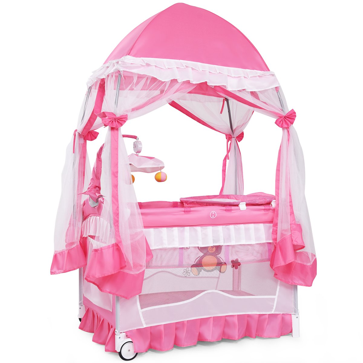 4 in 1 Pack and Play with Canopy, Portable Playard with Bassinet M92222