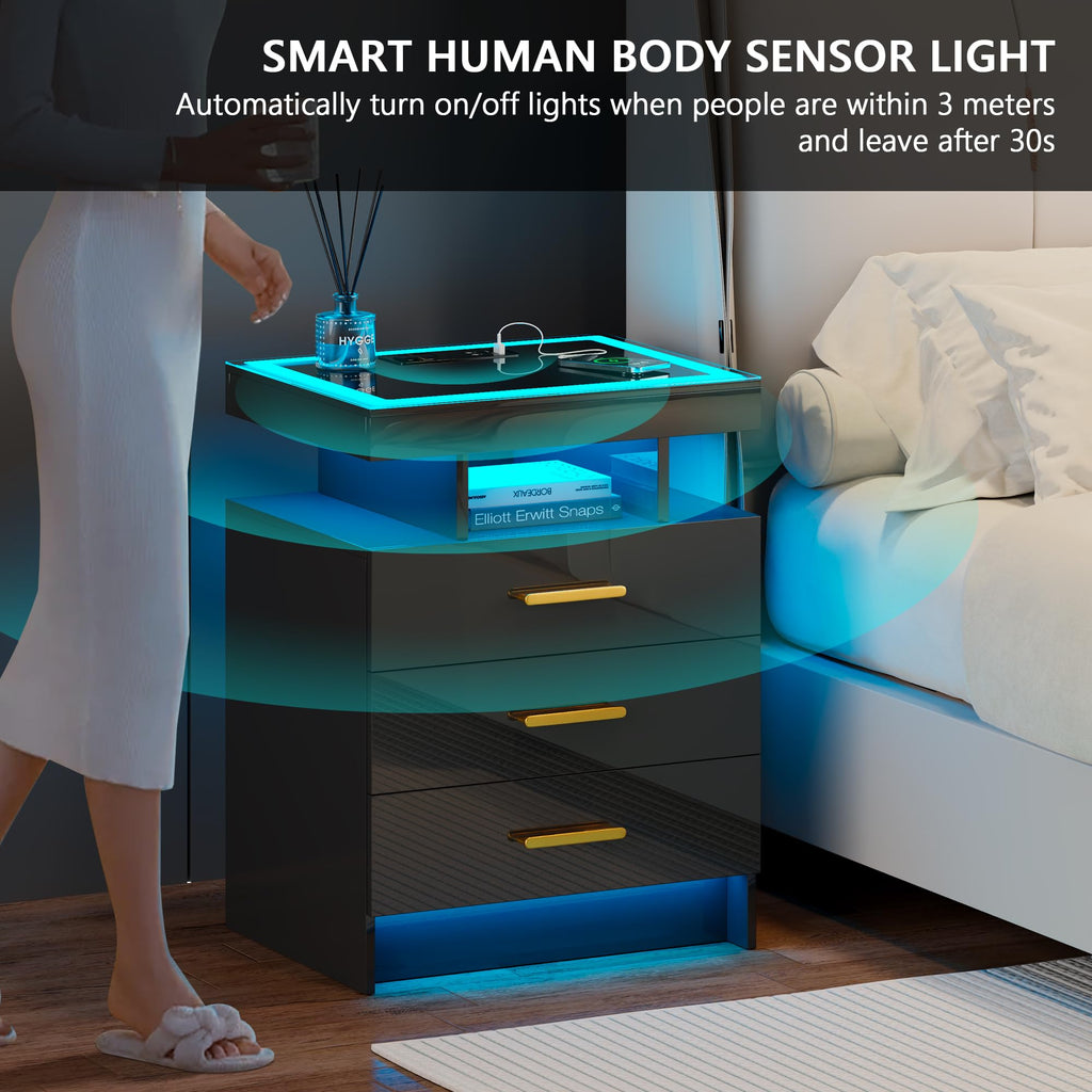 Black 3 Drawer LED Nightstand with Charging Station Z928492